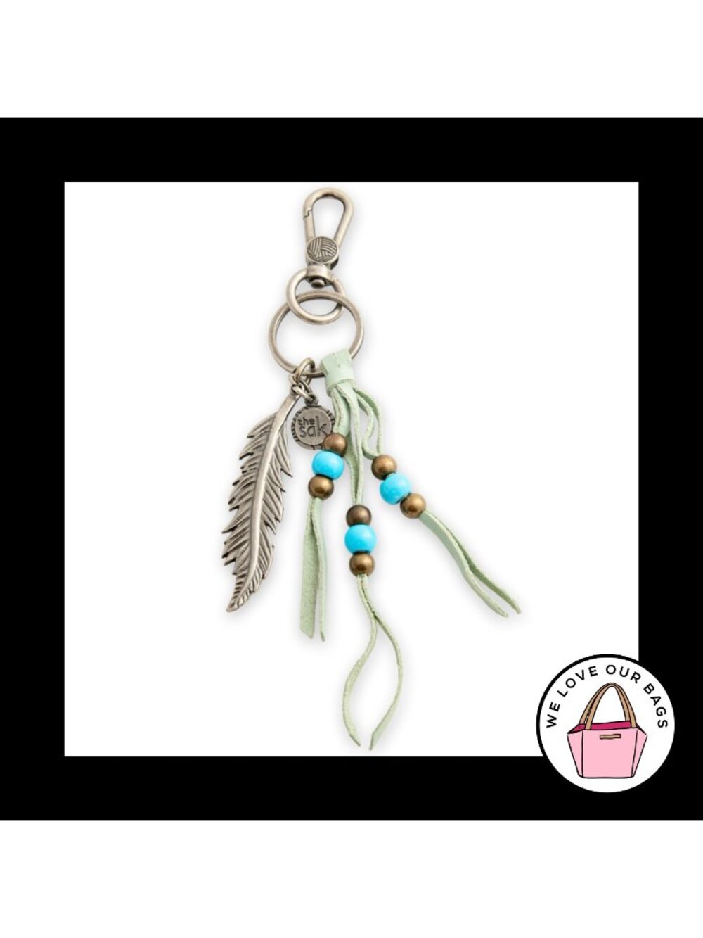 THE SAK FEATHER Green Leather Tassel Turquoise Bead Bag Charm Tag Keychain Fob